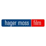 Logo Hager Moss Film weiß auf blau und rot